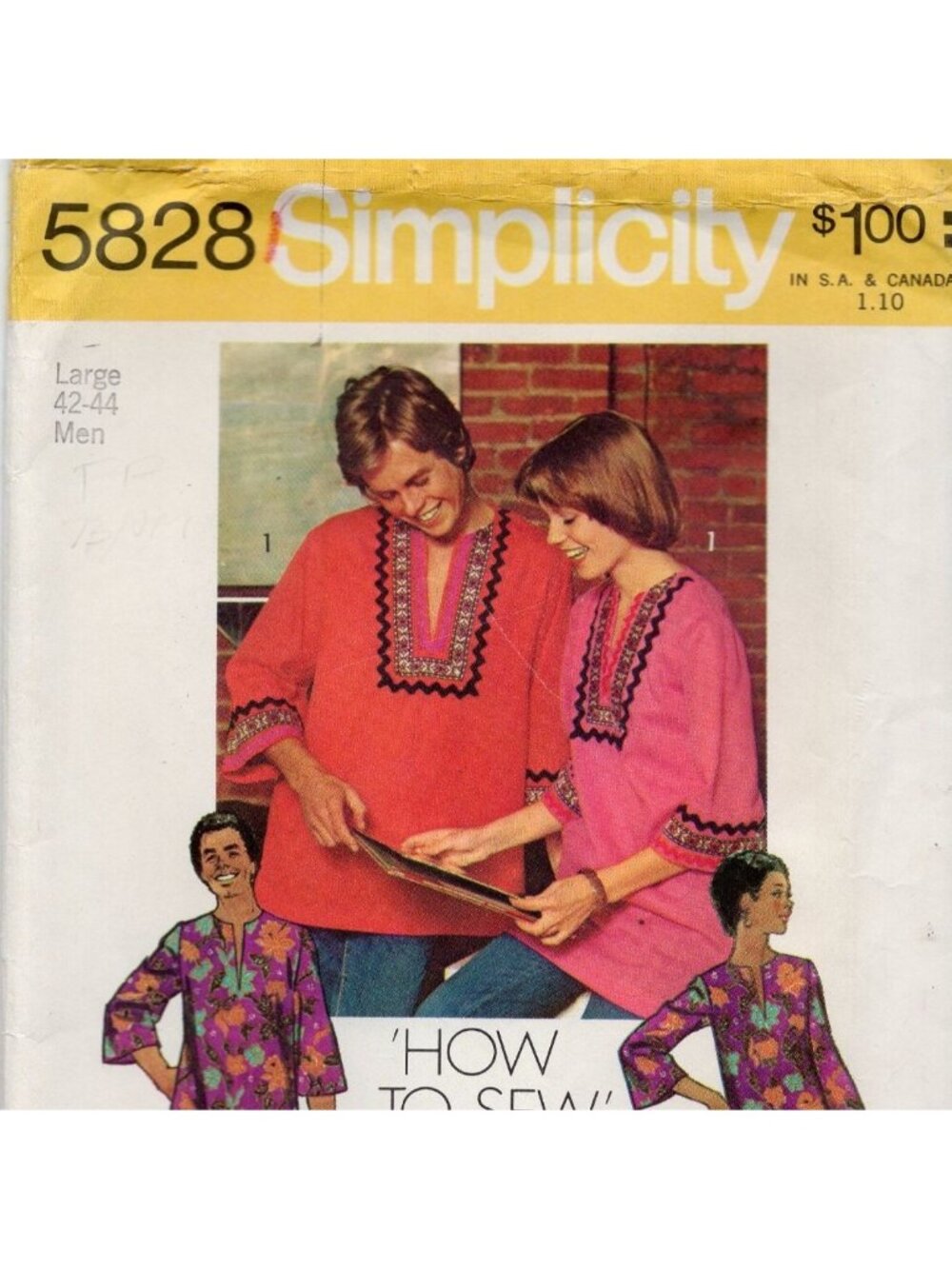 70s Vintage Simplicity 5828 Mens Dashiki Tunic Shirt Pattern Sz Large 42-44 FF